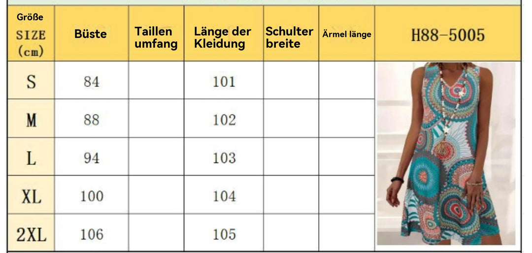 Heidi Mode | Bedrucktes lässiges ärmelloses Kleid mit V-Ausschnitt für Damen