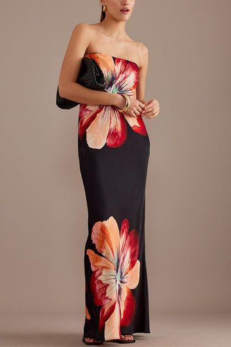 Heidi-Mode | Charmante Damen Satin Floral Print Bandeau Lockere Maxi Kleid