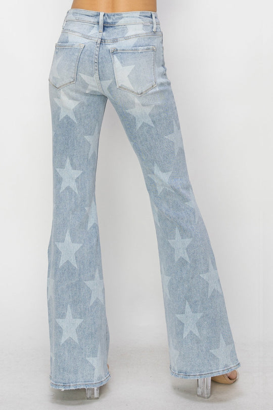 Heidi-Mode | Risen Mid Rise Knopfverschluss Start Druck Flare Jeans