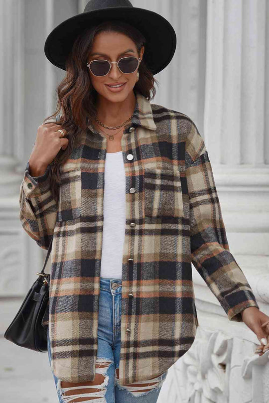 Heidi-Mode | Karo Kurviger Saum Fallende Schulter Langarmhemd Jacke