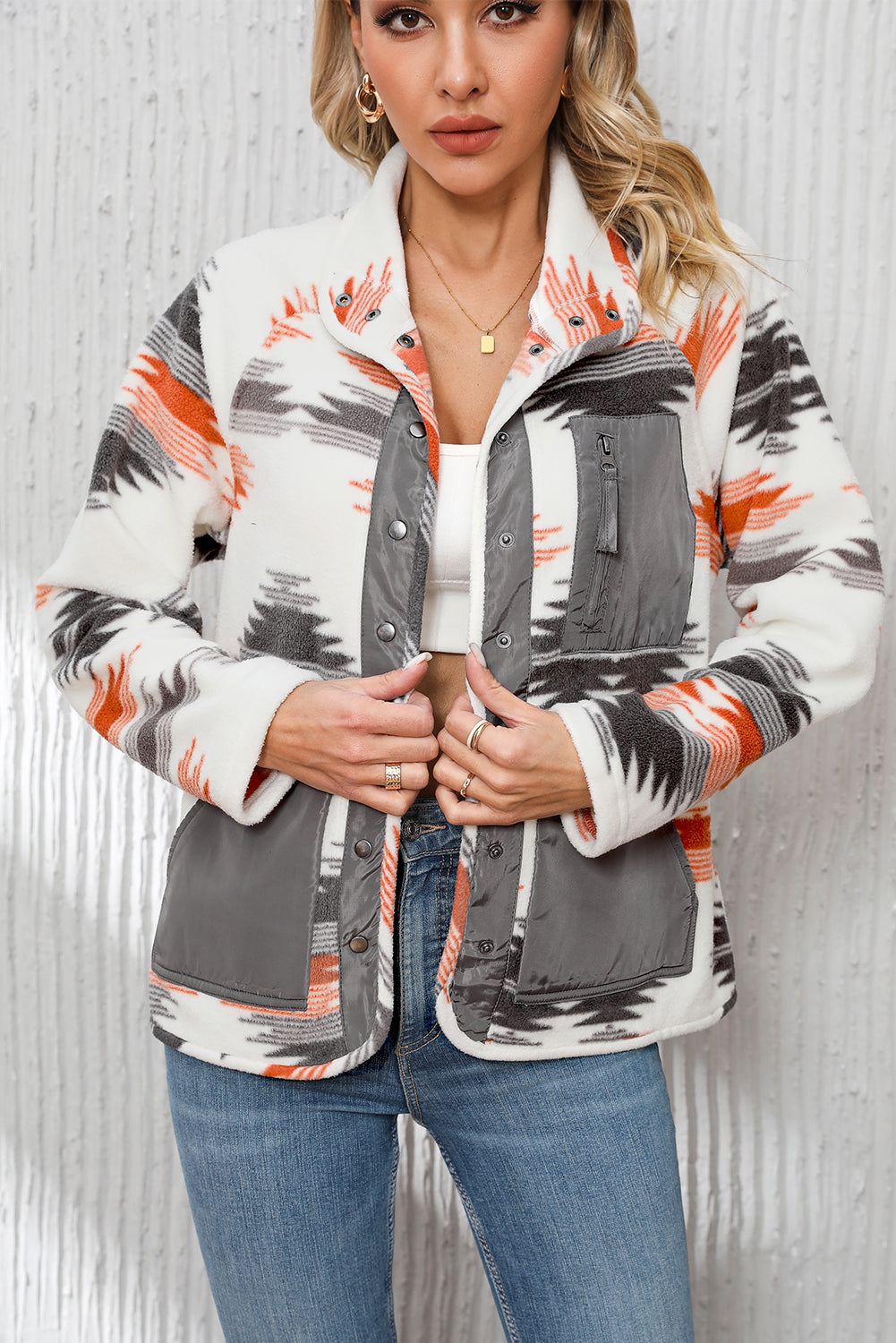 Azteken Fleece Patchwork Jacke Mit Druckknöpfen