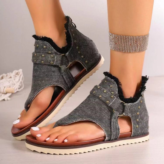 Heidi-Mode | Nieten Rohsaum Flache Sandalen