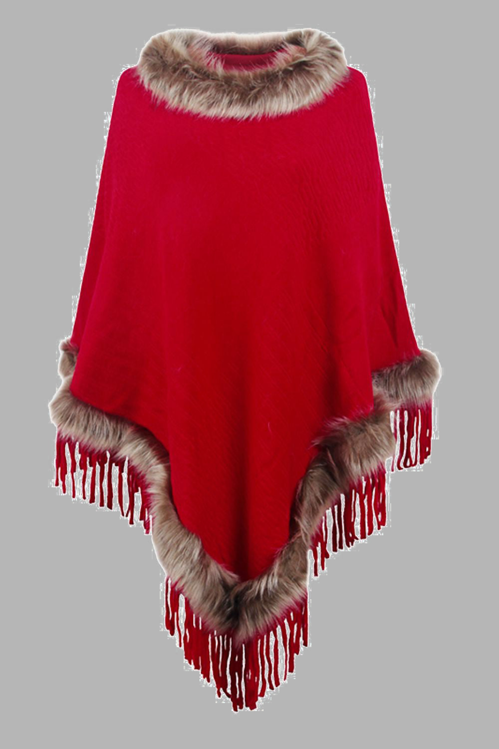 Heidi-Mode | Damen Fransen-Poncho mit Kunstfellbesatz