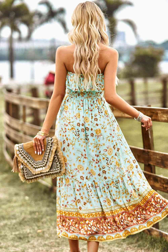 Heidi-Mode | Bohemian Strapless Schlitz Midi Kleid