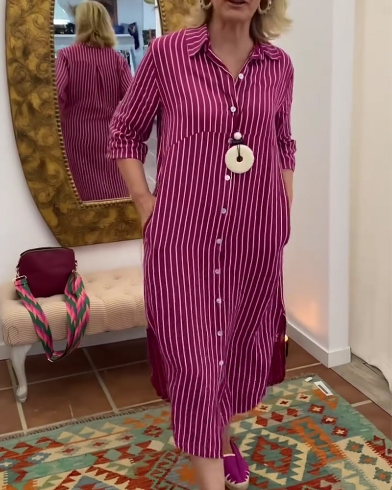 Heidi-Mode | Kleid Revers Knöpfen Gestreiftes Hemd
