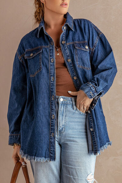 Heidi-Mode | Knöpfen Up Pocketed Raw Hem Denim Jacke