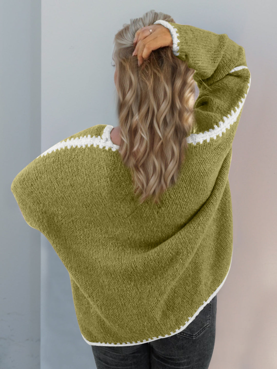 Heidi-Mode | Double Take Kontrast Offene Vorderseite Herunterfallende Schulter Strickjacke