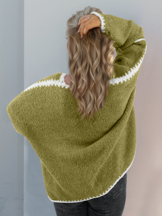 Heidi-Mode | Double Take Kontrast Offene Vorderseite Herunterfallende Schulter Strickjacke