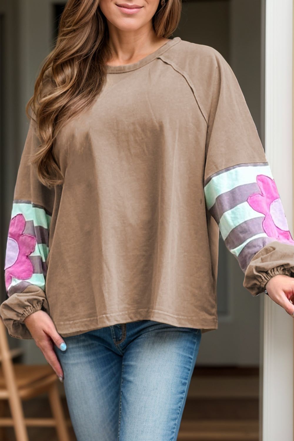 Heidi-Mode | Plus Size Blumen Rundhalsausschnitt Langarmbluse