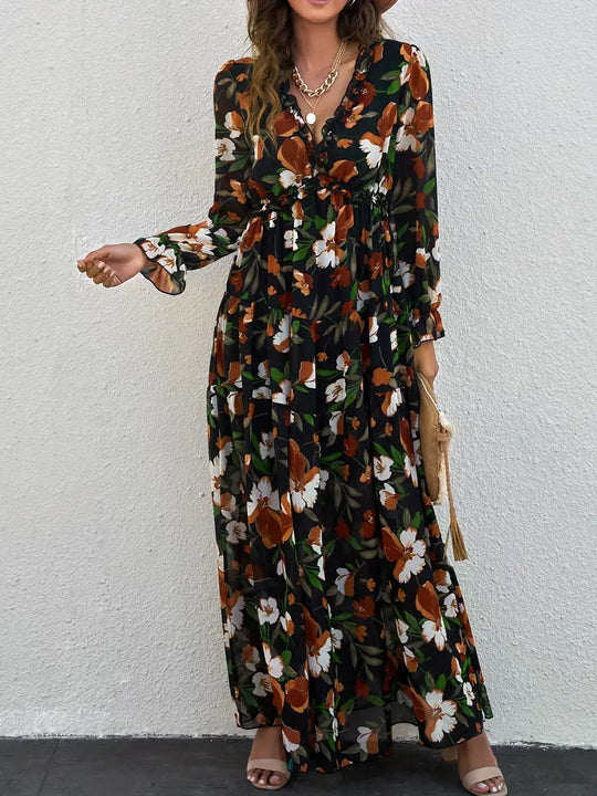 Maxi Dress met V-hals en lange mouwen met bloemenprint