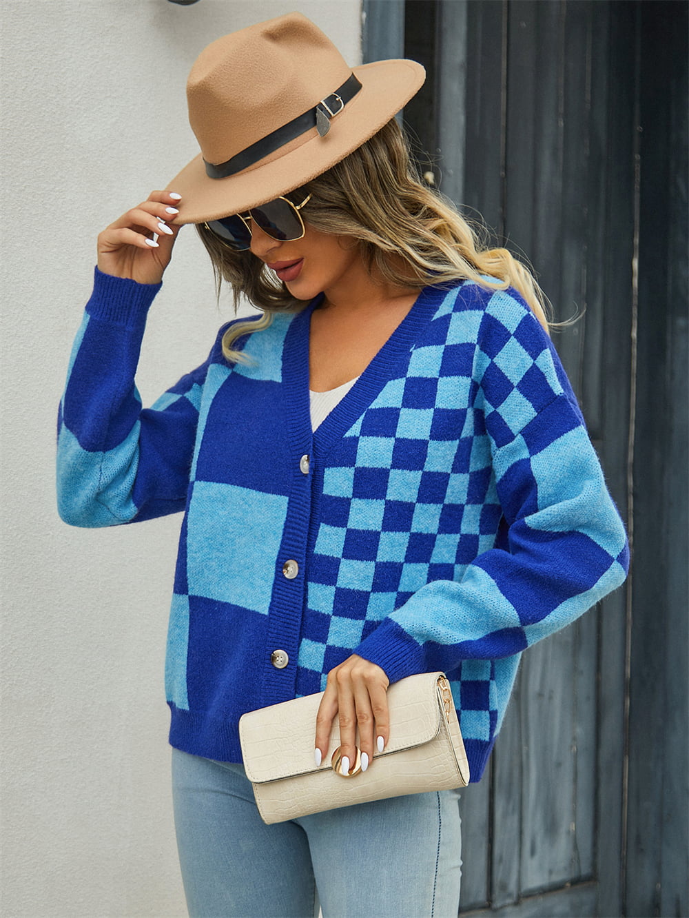 Heidi-Mode | Karierter V-Ausschnitt Gefallene Schulter Cardigan