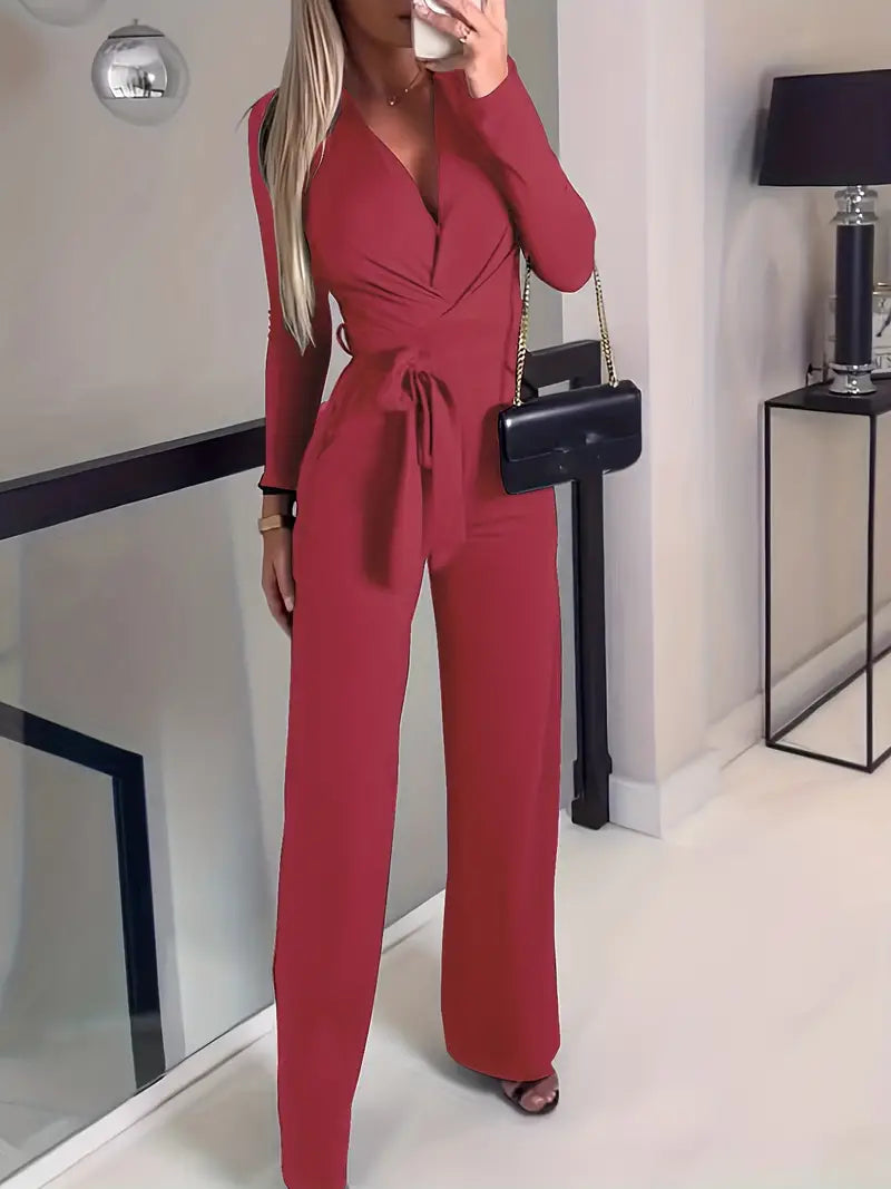 Slim elegance weit ausgestellter Gürtel mit V-Ausschnitt Jumpsuit