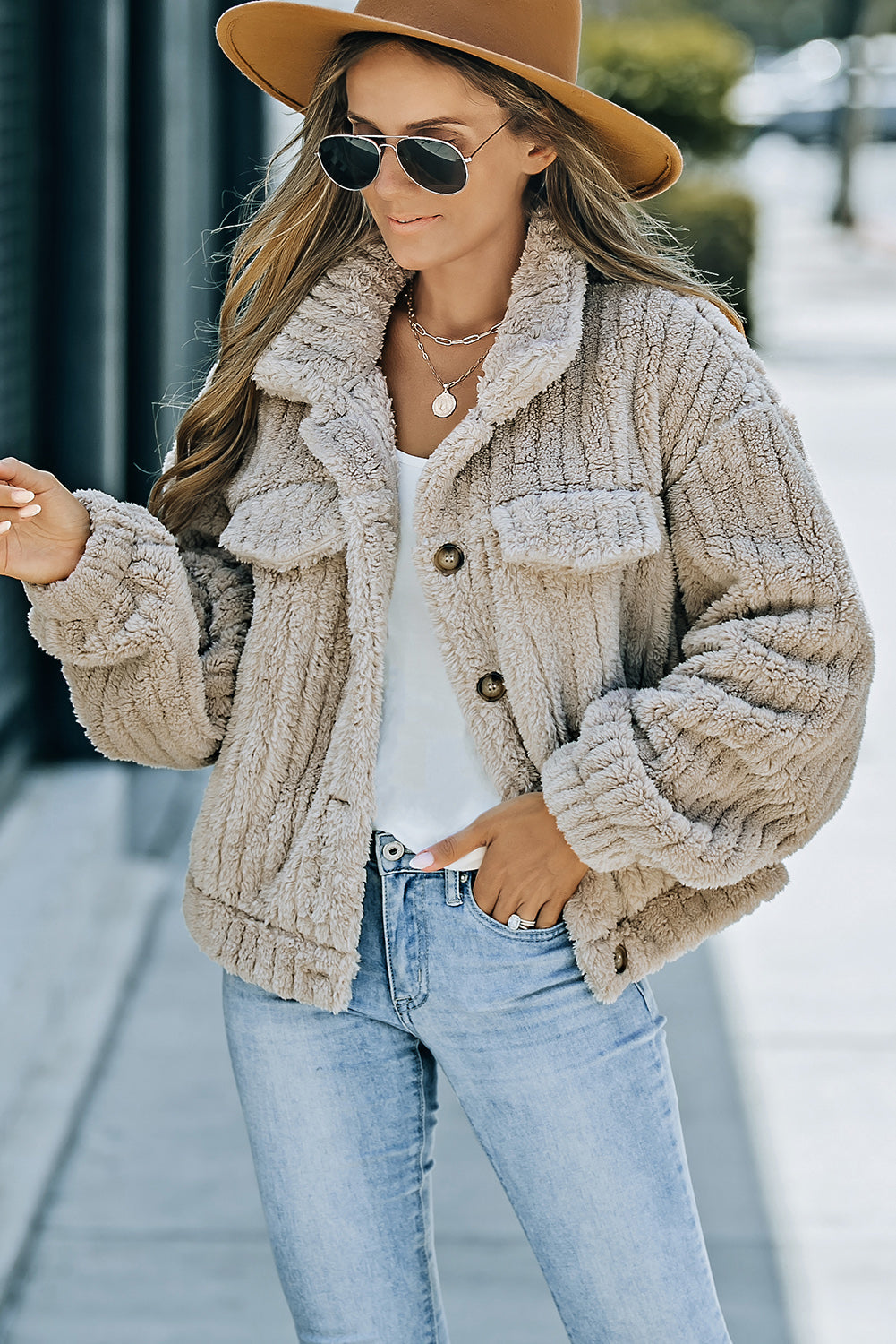 Unifarbene Plüsch Fleece Jacke Mit Knopfleiste