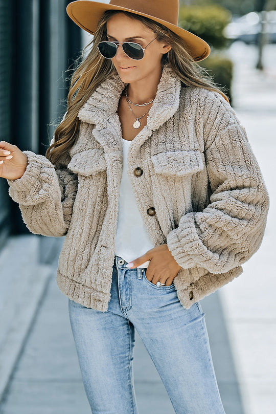 Unifarbene Plüsch Fleece Jacke Mit Knopfleiste