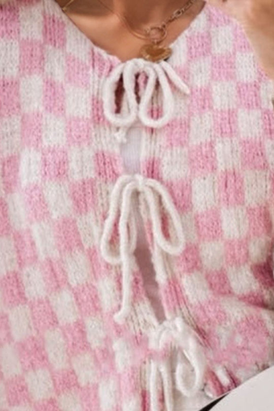 Heidi-Mode | Double Take Gebunden Karierter Fall Schulter Volant Ärmel Strickjacke