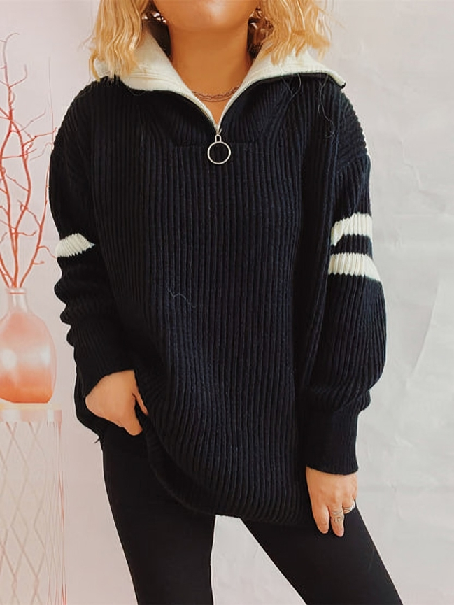 Heidi-Mode | Frauen Halb Reißverschluss Strick Locker Warm Pullover