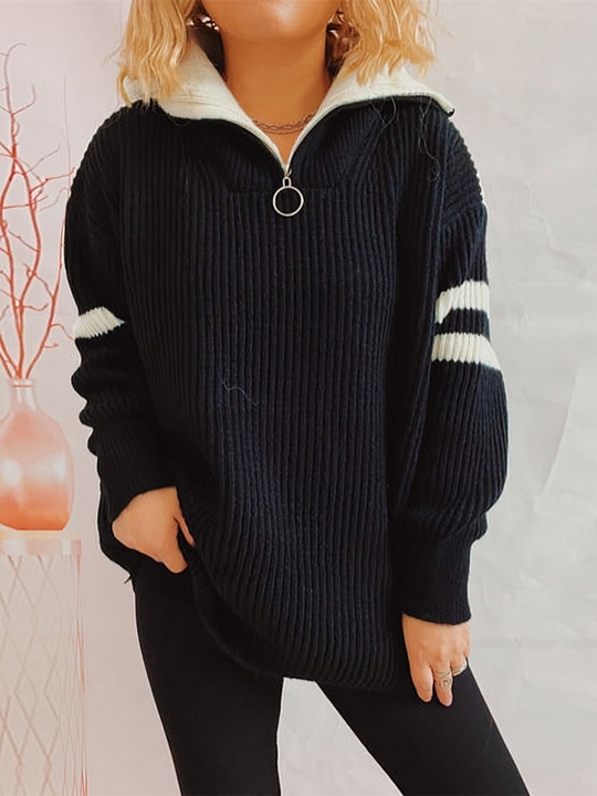 Heidi-Mode | Frauen Halb Reißverschluss Strick Locker Warm Pullover