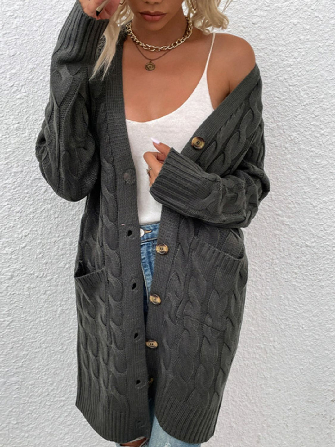 Heidi-Mode | Kabelstrick Knopfverschluss Cardigan mit Taschen