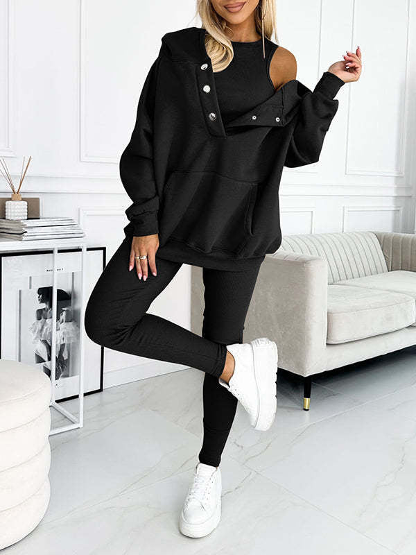 Heidi-Mode | 3-Teiliger Damen Sportanzug Lockere Kapuzenpullover Slim Hosen