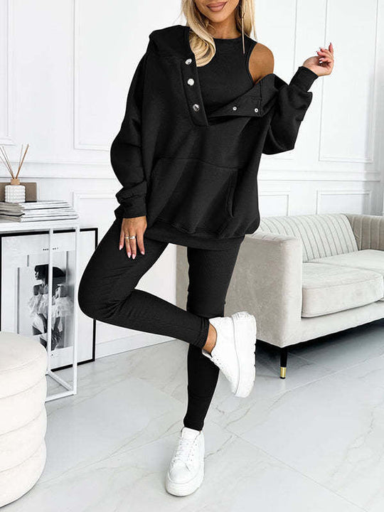 Heidi-Mode | 3-Teiliger Damen Sportanzug Lockere Kapuzenpullover Slim Hosen