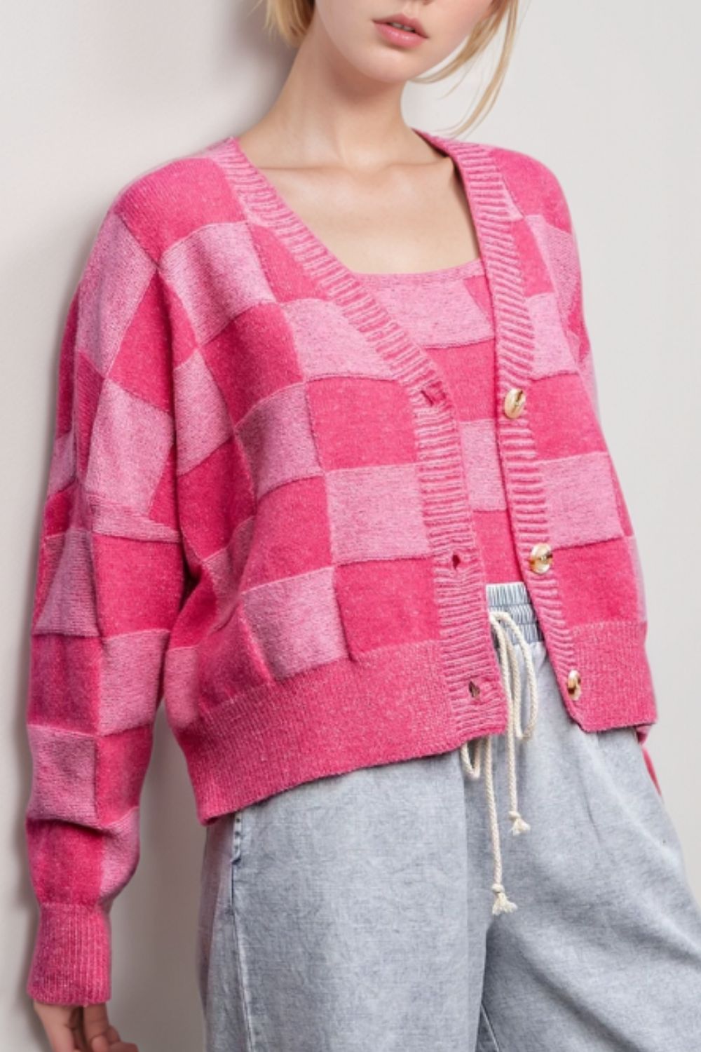 Heidi-Mode | Kariertes V-Ausschnitt Langarm Cardigan