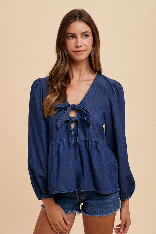 Heidi-Mode | Annie Wear Krawatte vorne Peplum Langarm Denim Top