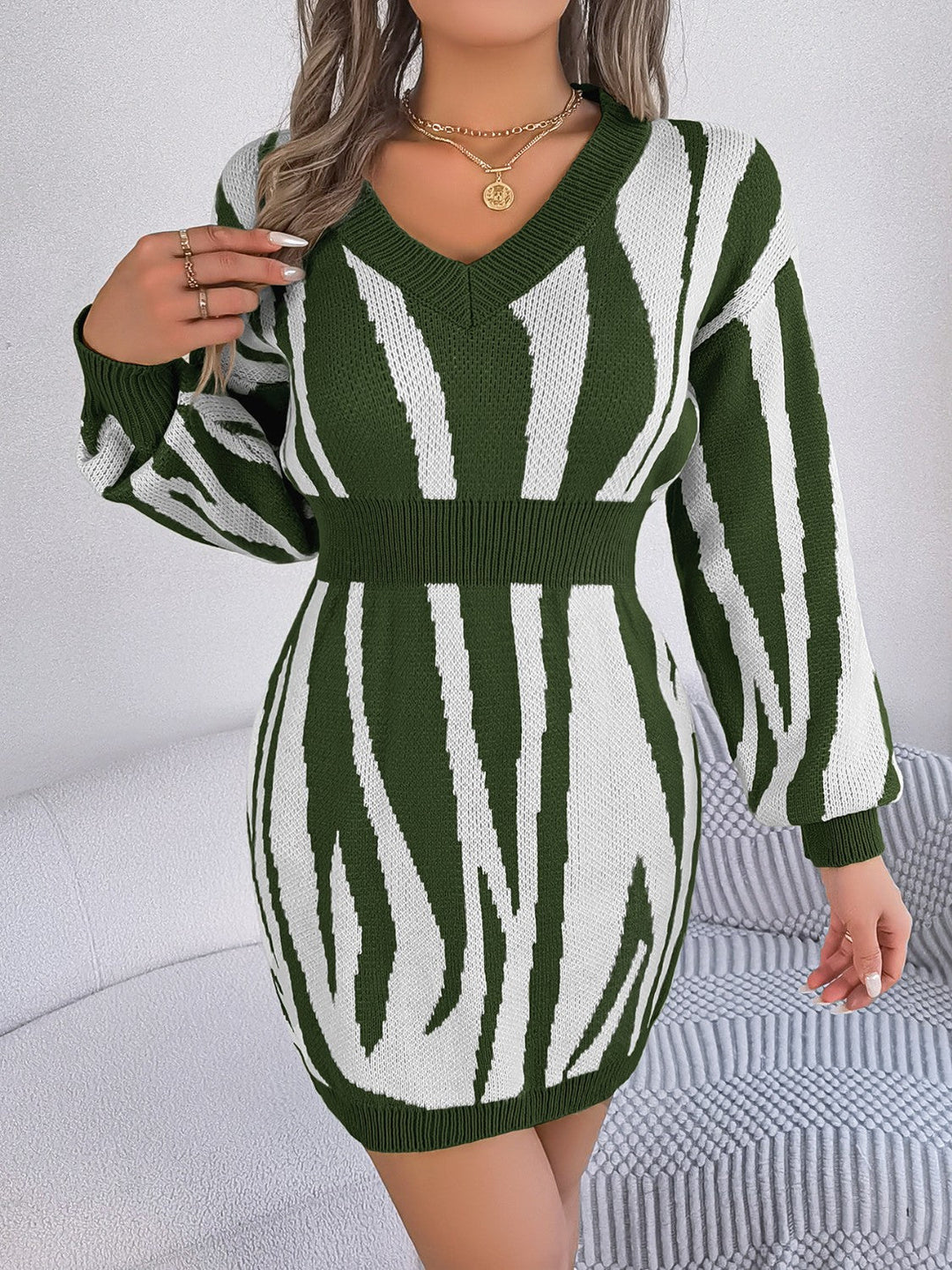 Heidi-Mode | Rüschen Druck V-Ausschnitt Langarm Pullover Kleid