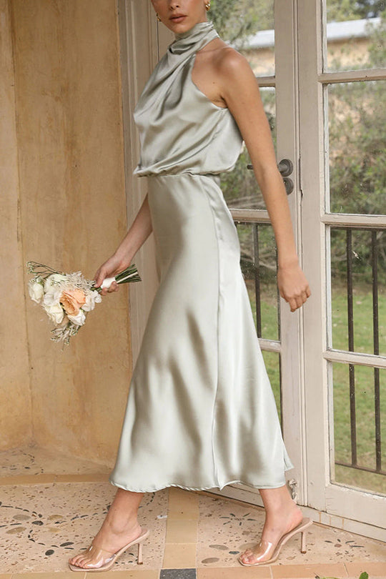 Heidi-Mode | Perfectly Yours Hoher Hals Satin Drapiert Maxi Kleid