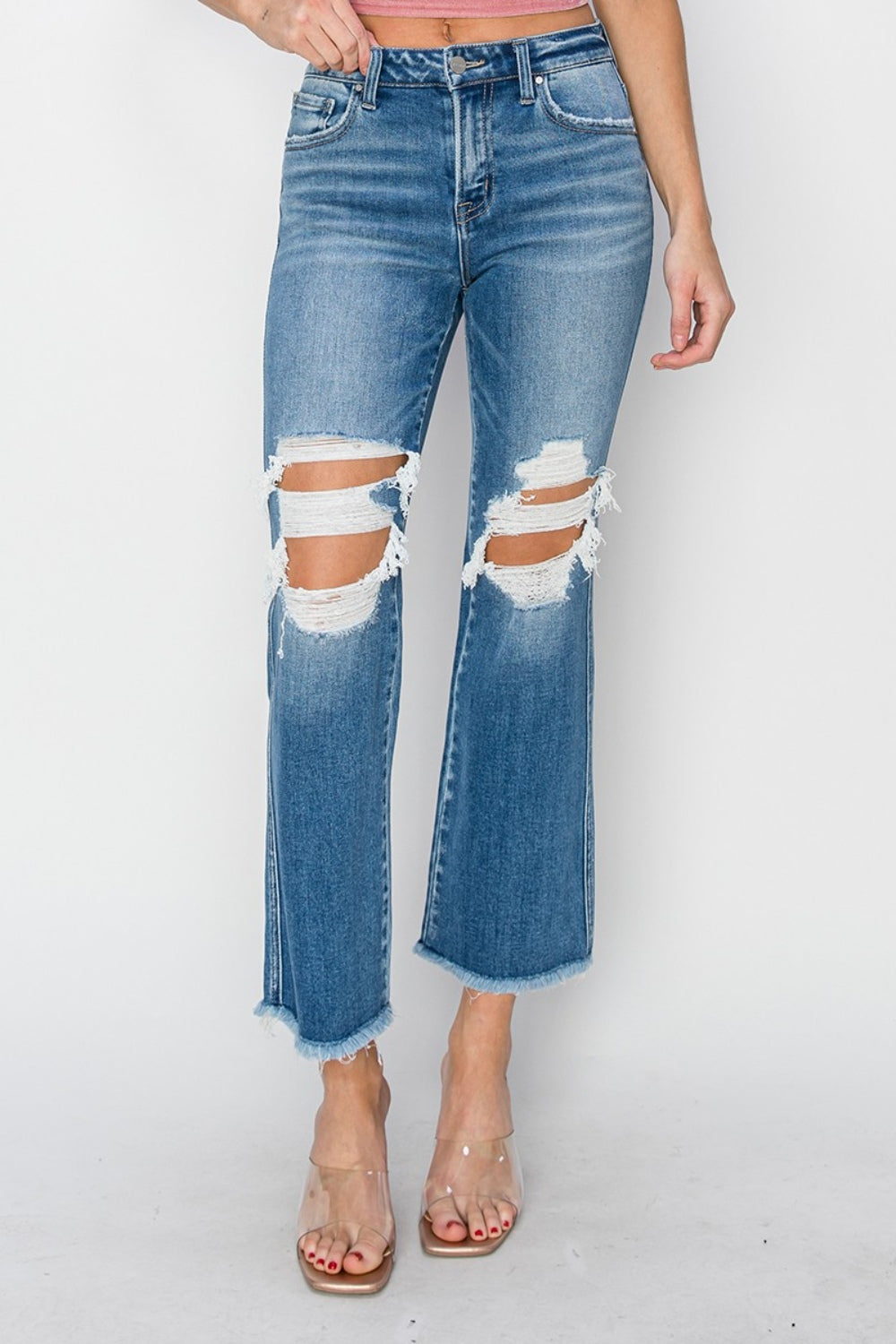 Heidi-Mode | Risen Mid Rise Distressed Cropped Flare Jeans