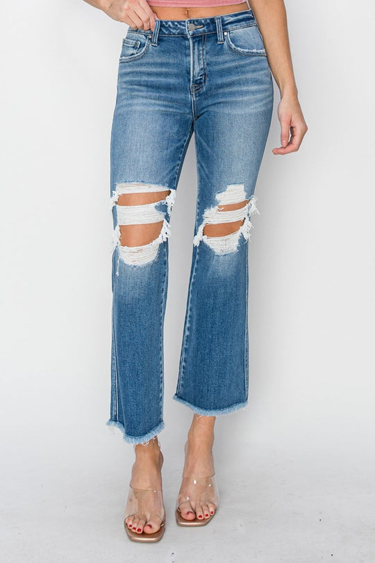 Heidi-Mode | Risen Mid Rise Distressed Cropped Flare Jeans