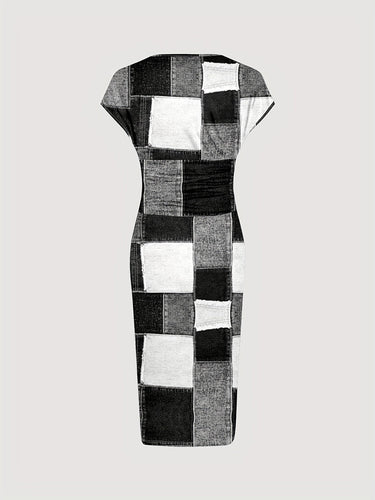 Heidi-Mode | Elegante Patchwork Kleid mit V-Ausschnitt
