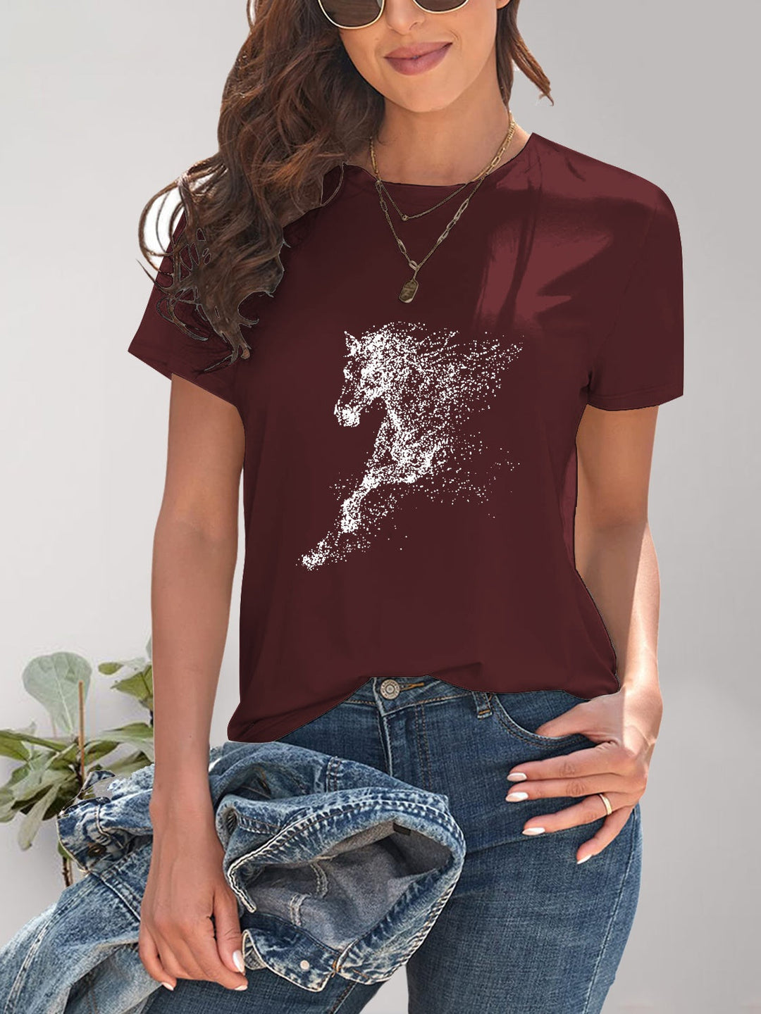 Heidi-Mode | Pferd Rundhals Kurzarm T-Shirt