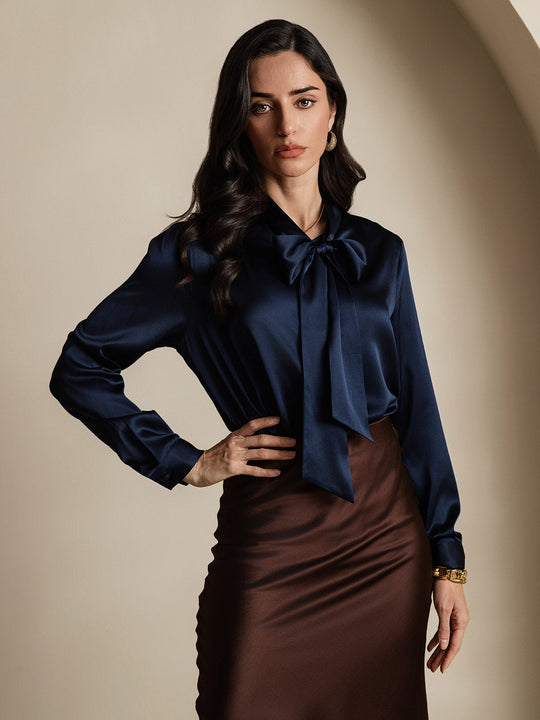 Heidi-Mode | Damen Elegante Seidenbluse mit Schlipskragen und Langen Ärmeln