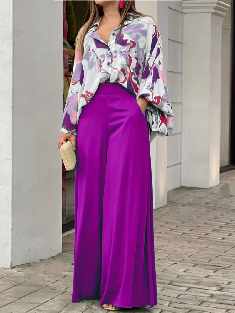 tweedelige blouse met print en wijde broek voor dames