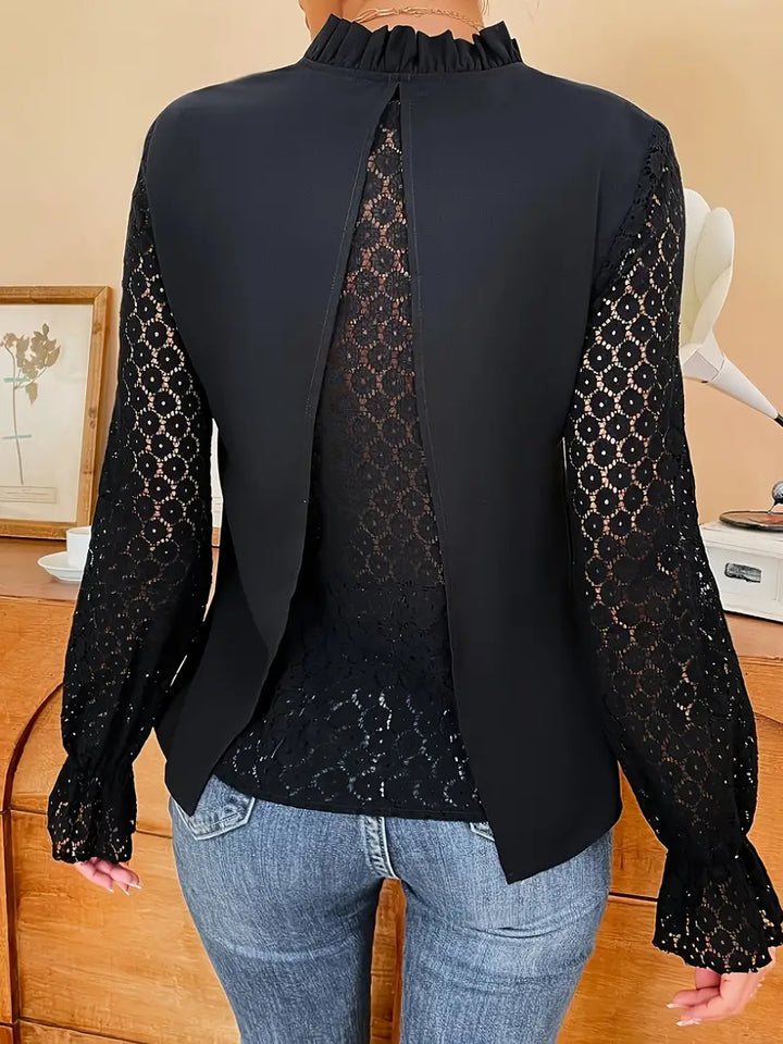 Bluse mit kontrastierender Spitze und Rüschenkragen