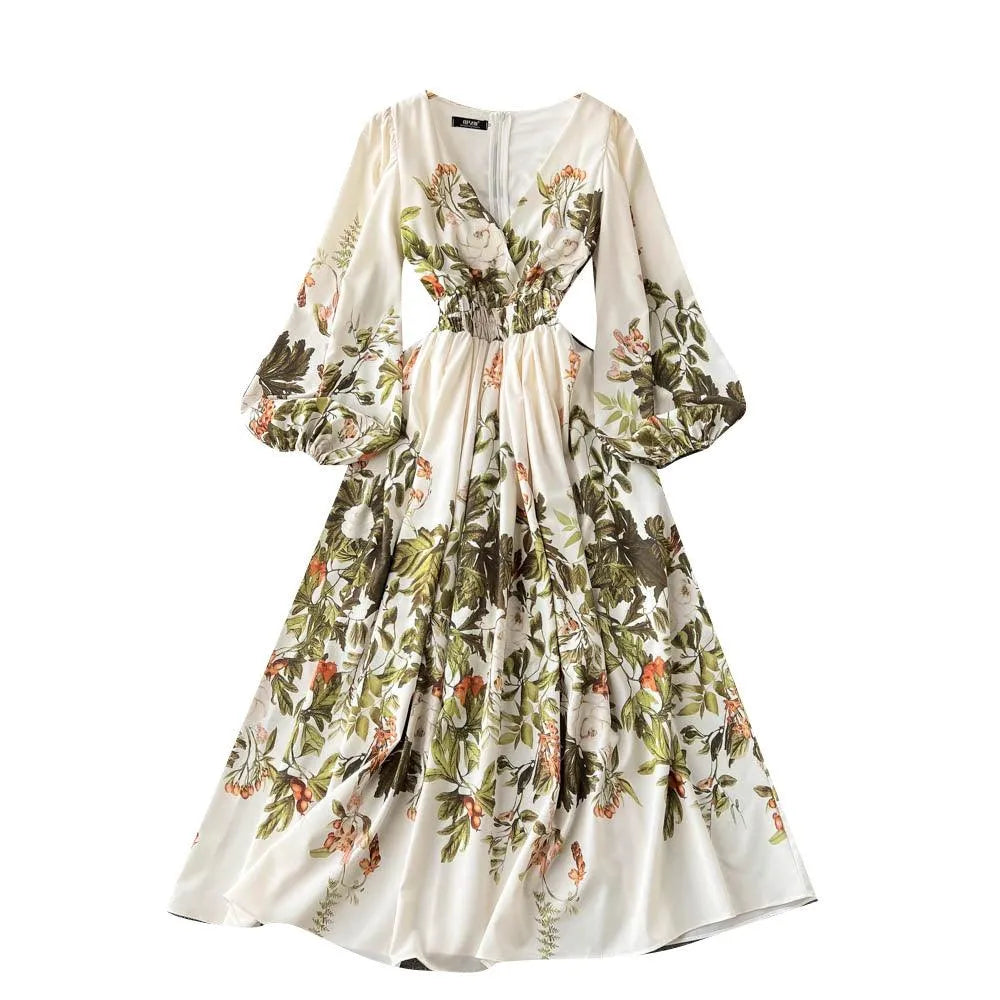 Heidi-Mode | Retro französisches literarisches Blumenkleid mit V-Ausschnitt