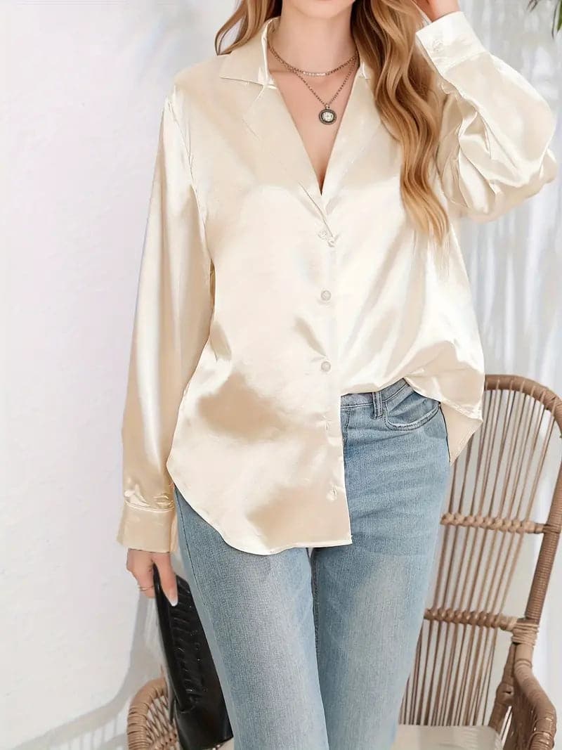 Heidi-Mode | Kurz Geschnittene Satinbluse mit Langen Ärmeln Classic Kragen Bindeband Front