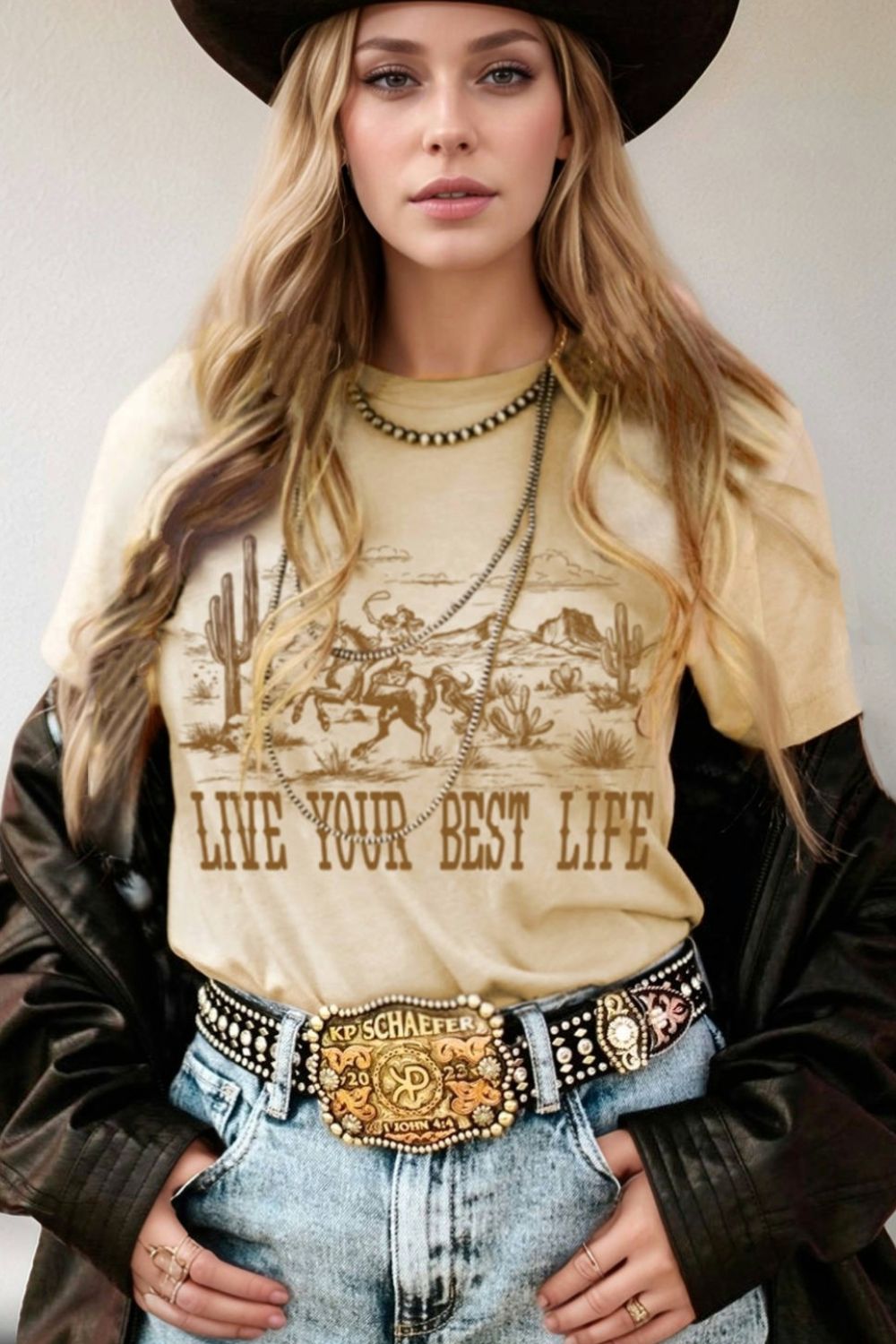 Heidi-Mode | Lebe Dein Bestes Leben Western Grafik Kurzarm-T-Shirt