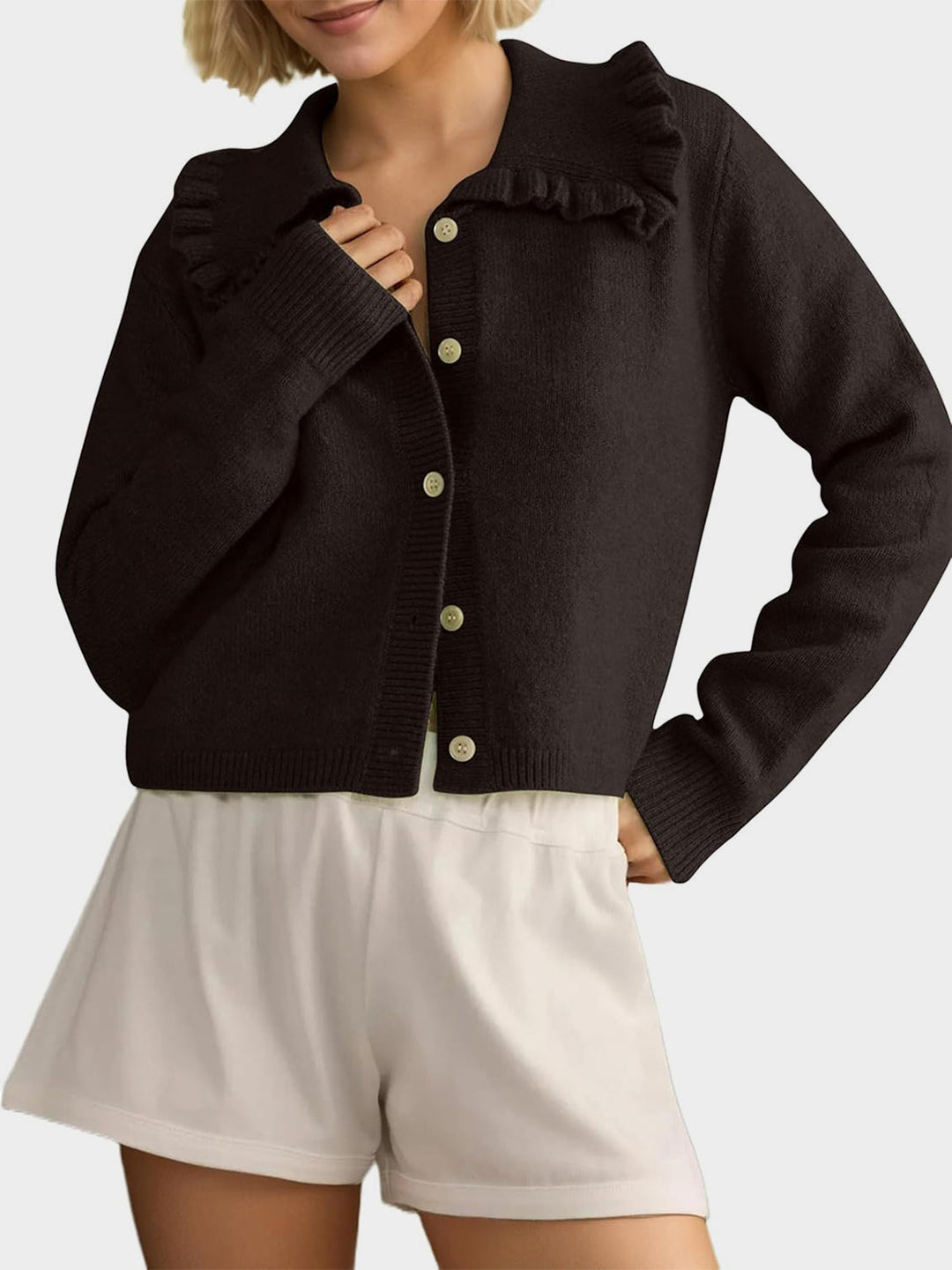 Heidi-Mode | Rüschentaste Up Kragen Langarm Cardigan