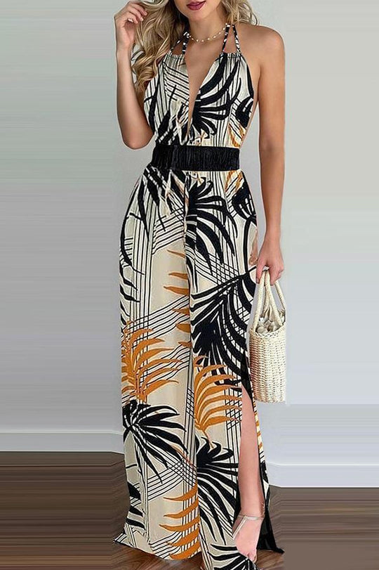 Heidi-Mode | Carneros Floral Print Halter Breite Beine Jumpsuit