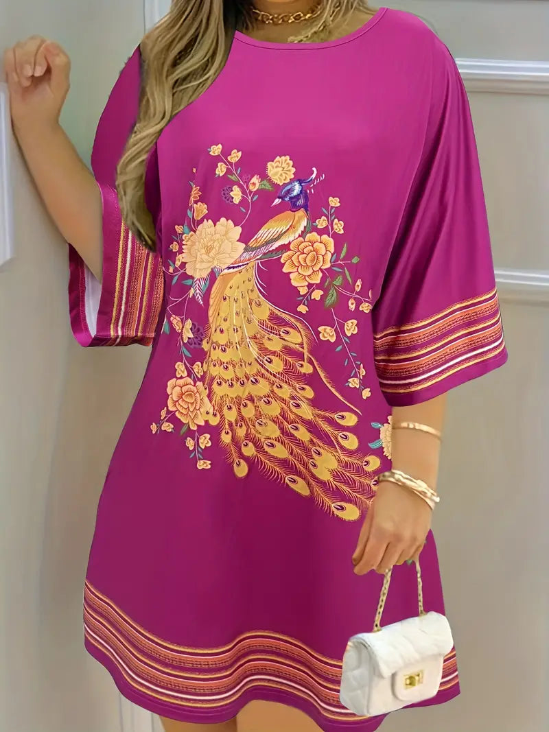 Heidi-Mode | Boho Kleid Pfauen Blumen Lässiges Kleid mit 3/4 Ärmeln für Frühling und Sommer