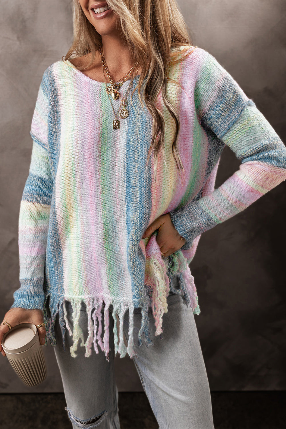 Farbe Block Fransen Drop Shoulder Tunika Pullover