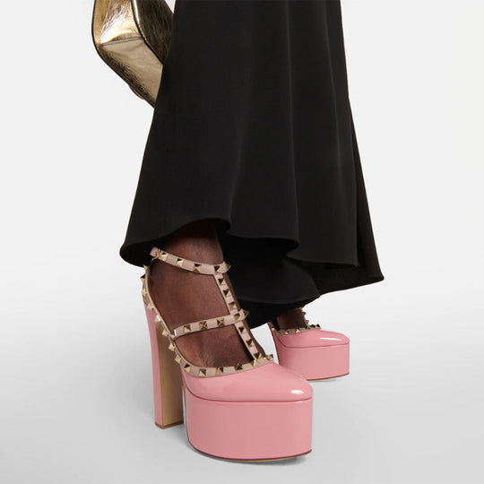 Heidi-Mode | Nieten Rund Kopf Riemen Wasserdicht Plattform Dicke Absatz Pumps
