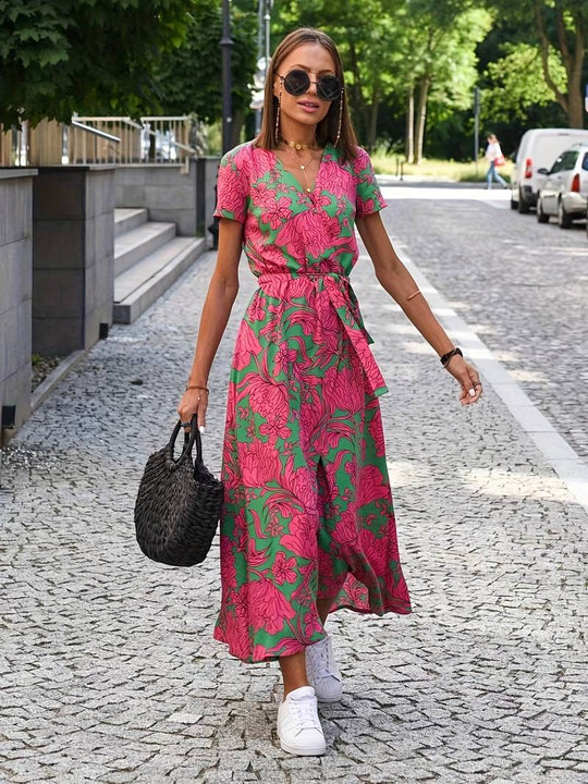 Floral Split Kleid mit Taillenschleife