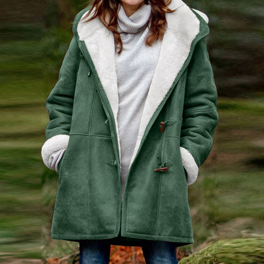Heidi-Mode | Damenmantel mit Kapuze und Horn aus Samt