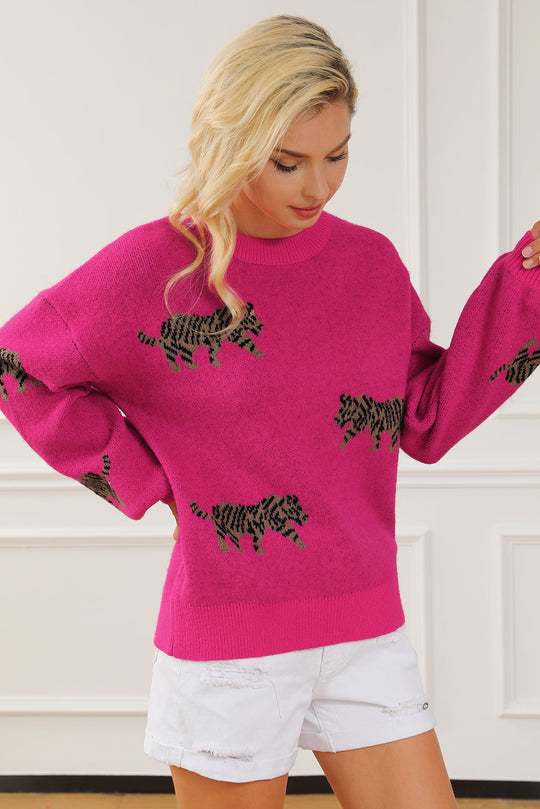 Rot Fierce Animal Pattern Casual Pullover Gestrickt