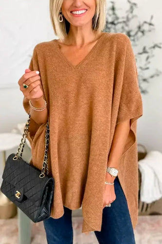 Heidi-Mode | V-Ausschnitt Poncho Pullover mit elegantem lockeren Schnitt
