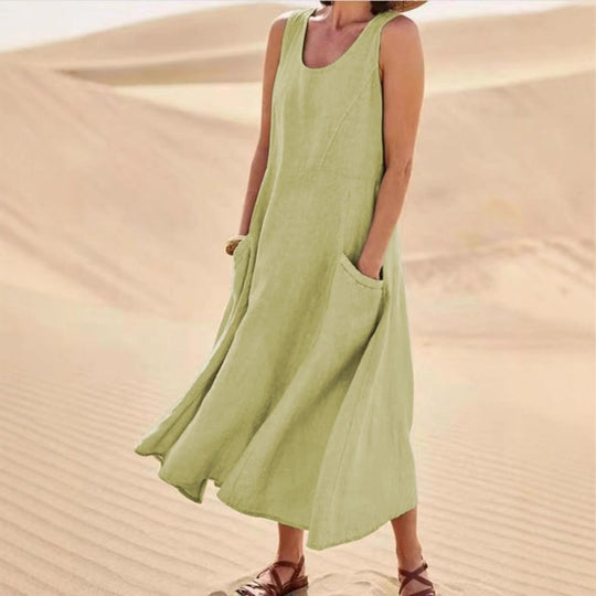 Heidi Mode | Ärmelloses Kleid aus Baumwolle und Leinen mit Rundhalsausschnitt und Tasche