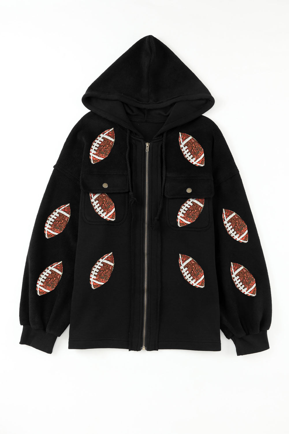 Pailletten Rugby Football Patterned Zipper Hooded Jacket