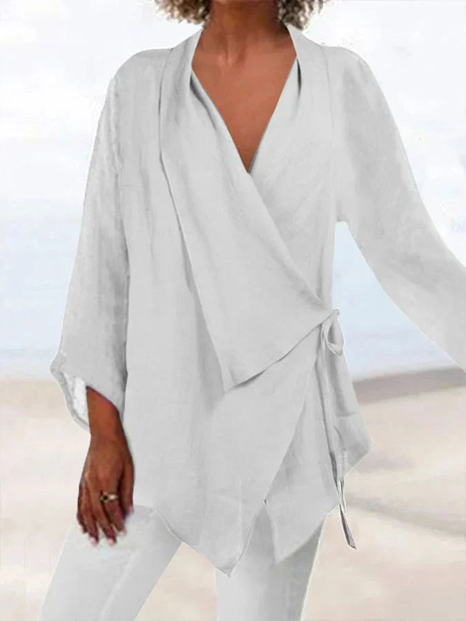 Heidi-Mode | Bluse Baumwolle-Leinen Wickelbluse mit Schleife